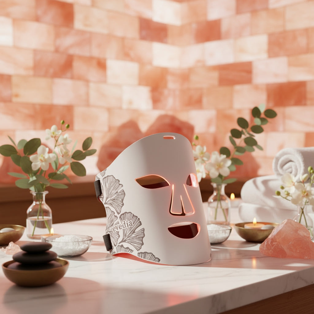 ÉVEDÍA ION LED Face Mask glowing red in a luxury spa setting with candles, eucalyptus and rose quartz