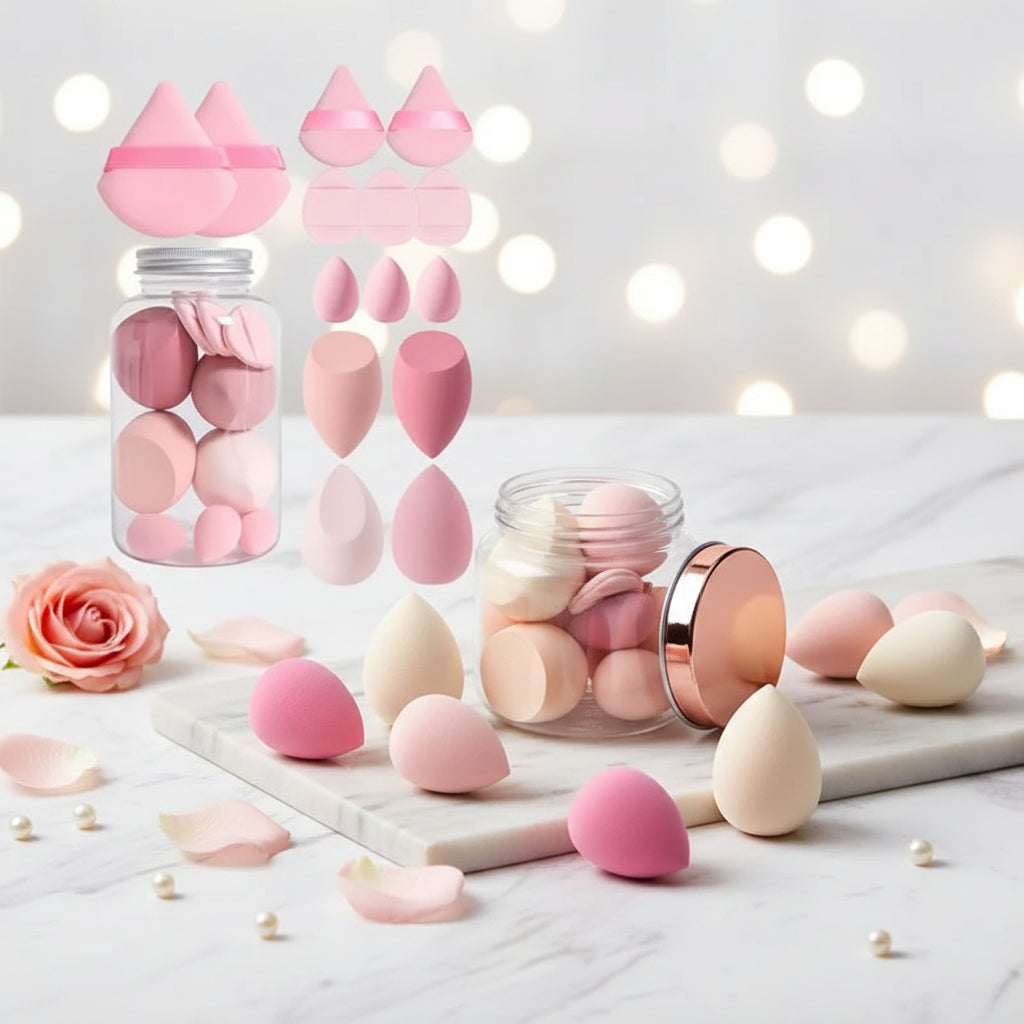14Pcs Makeup Sponge Set with Storage Jar | Velvet Beauty Blenders and Foundation Puffs