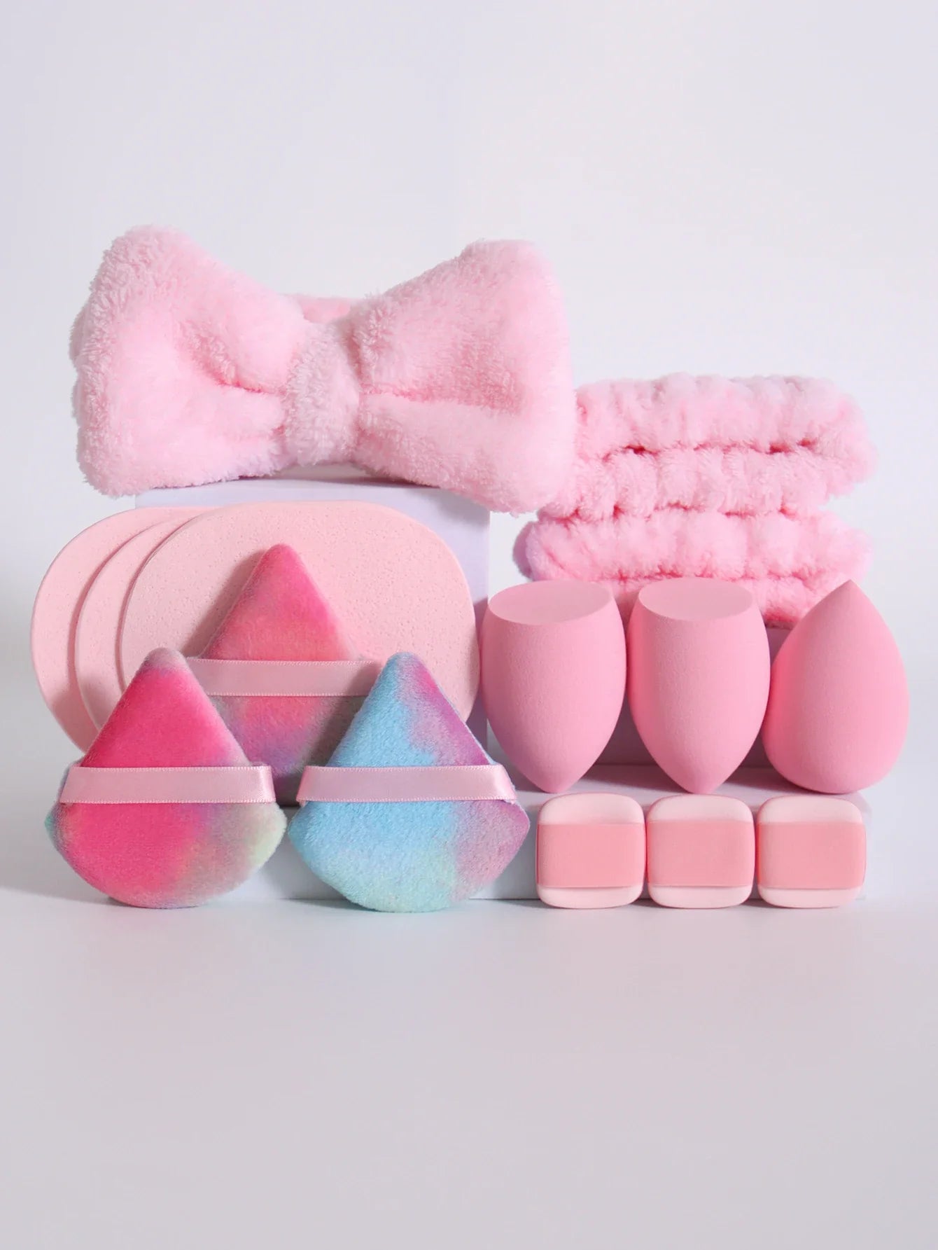 15-Piece Fluffy Headband & Makeup Sponge Set — Colorful Beauty Kit