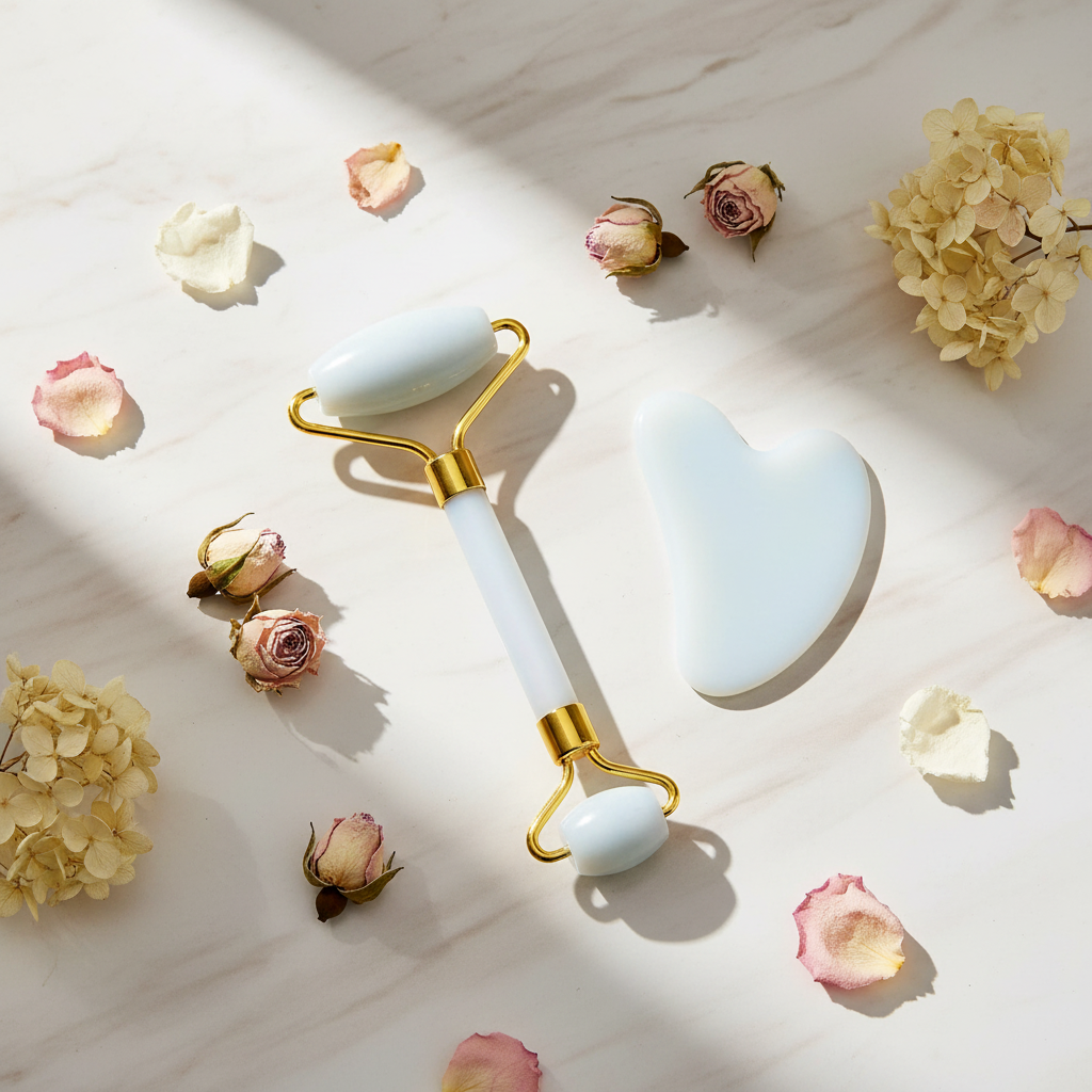 Opal stone gua sha and facial roller set with gold hardware on cream marble surface
